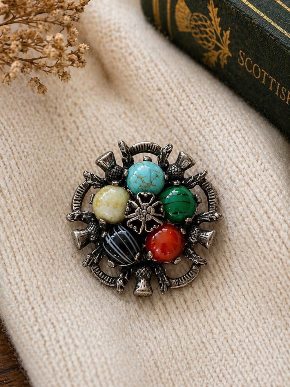 Vintage MIRACLE Scottish Thistle Pebble Brooch Celtic Multi Stone Pin UK